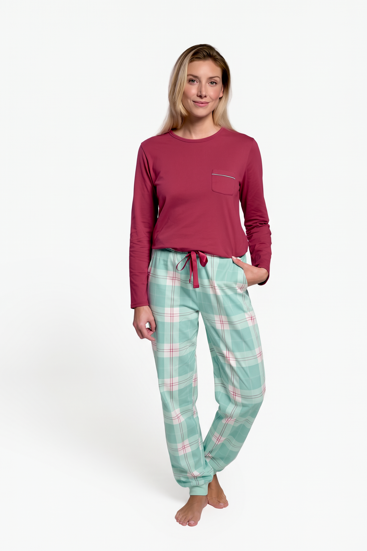 Pyjama long femme coton à carreaux vert et rouge