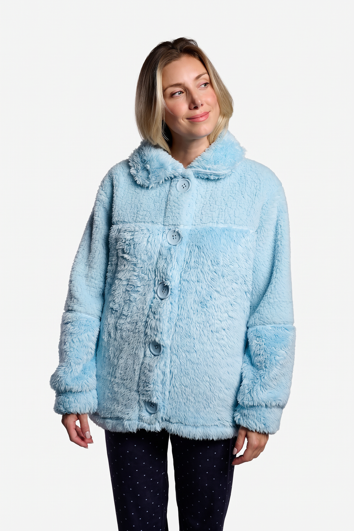 Peignoir court femme polaire sherpa bleu avec boutons