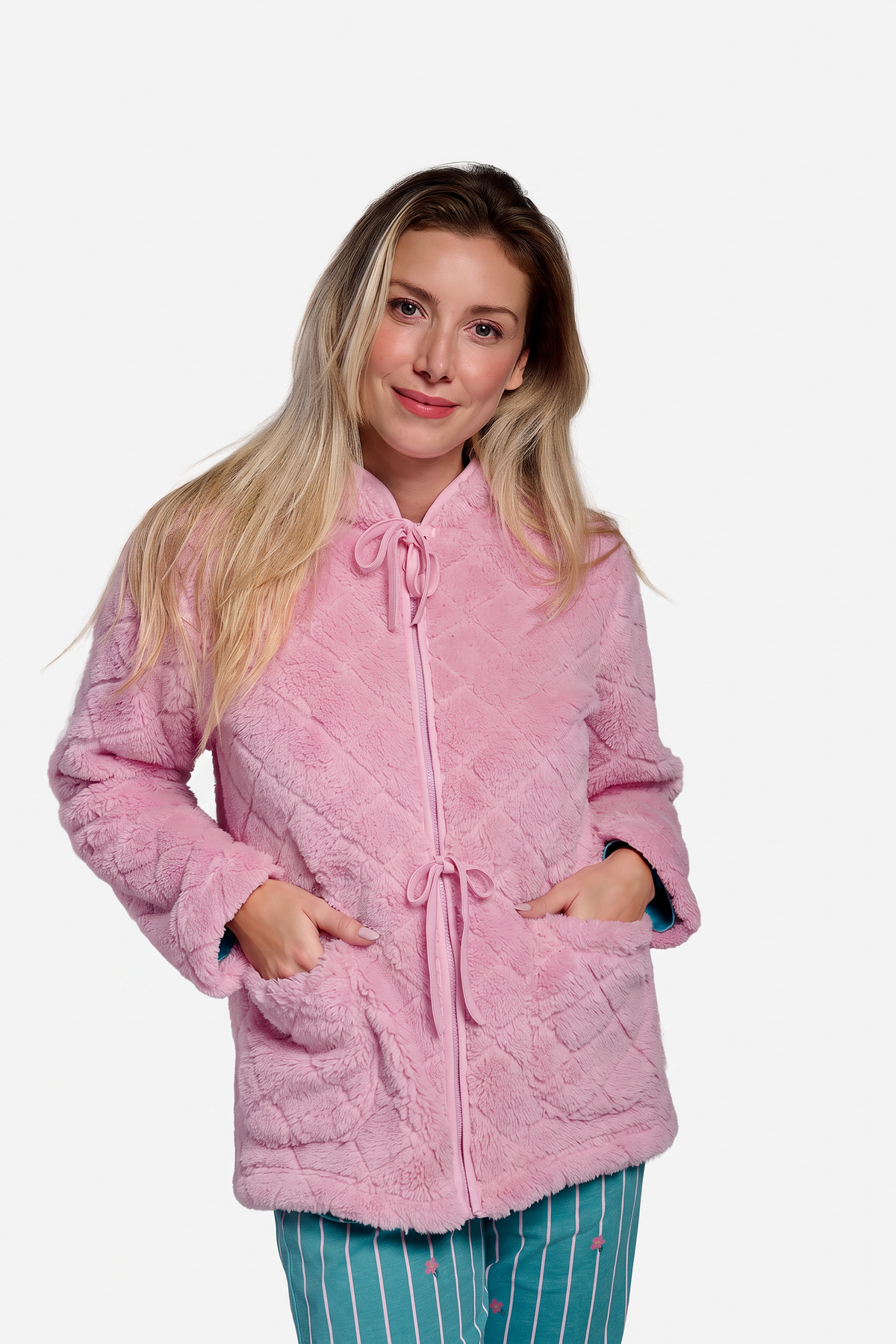 Peignoir court femme polaire sherpa rose détails nœuds