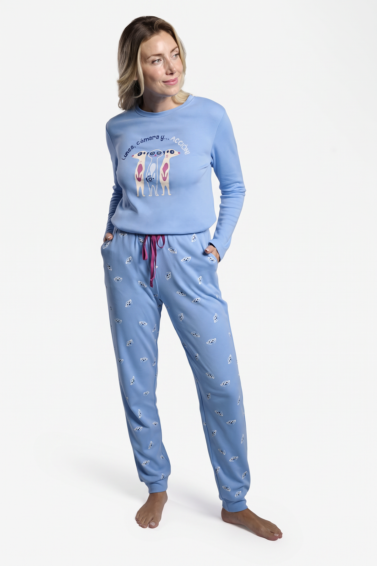 Pyjama long femme molletonné bleu suricates