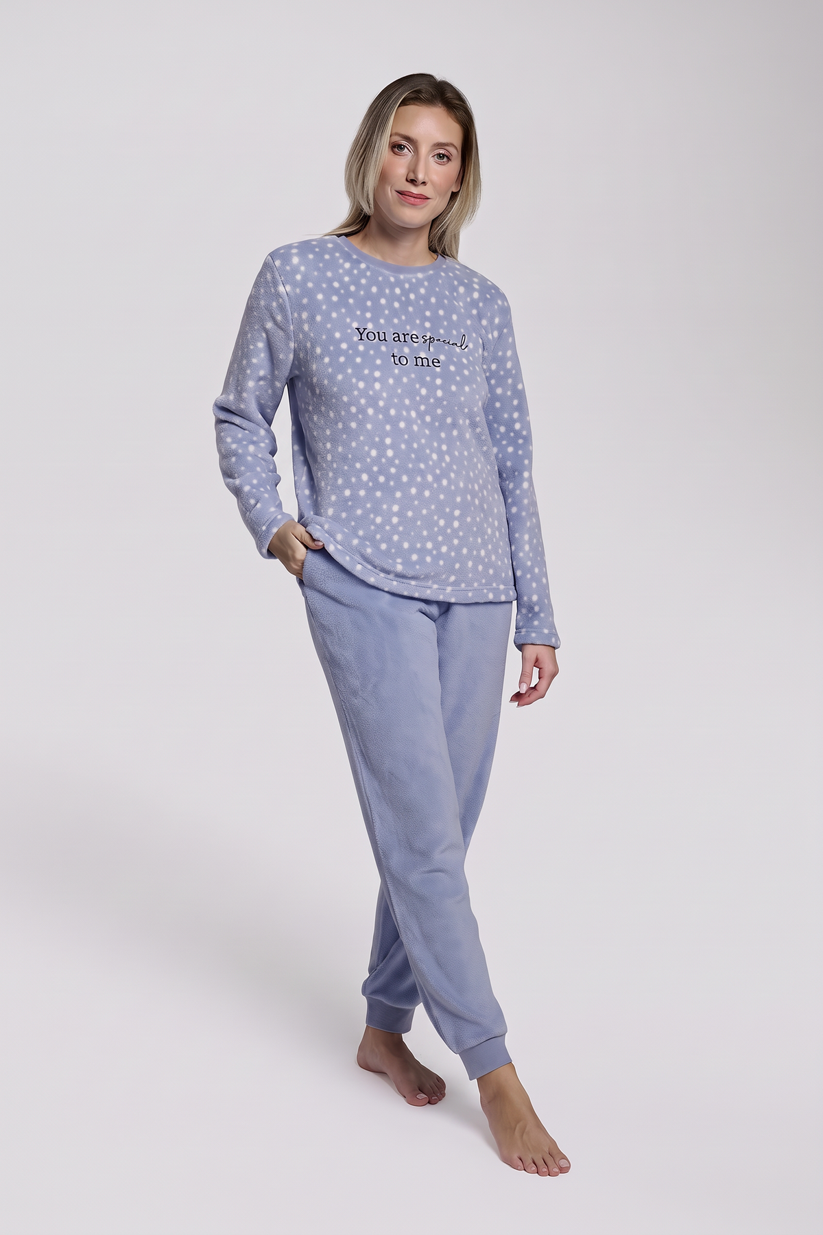 Pyjama long femme polaire corail bleu à pois