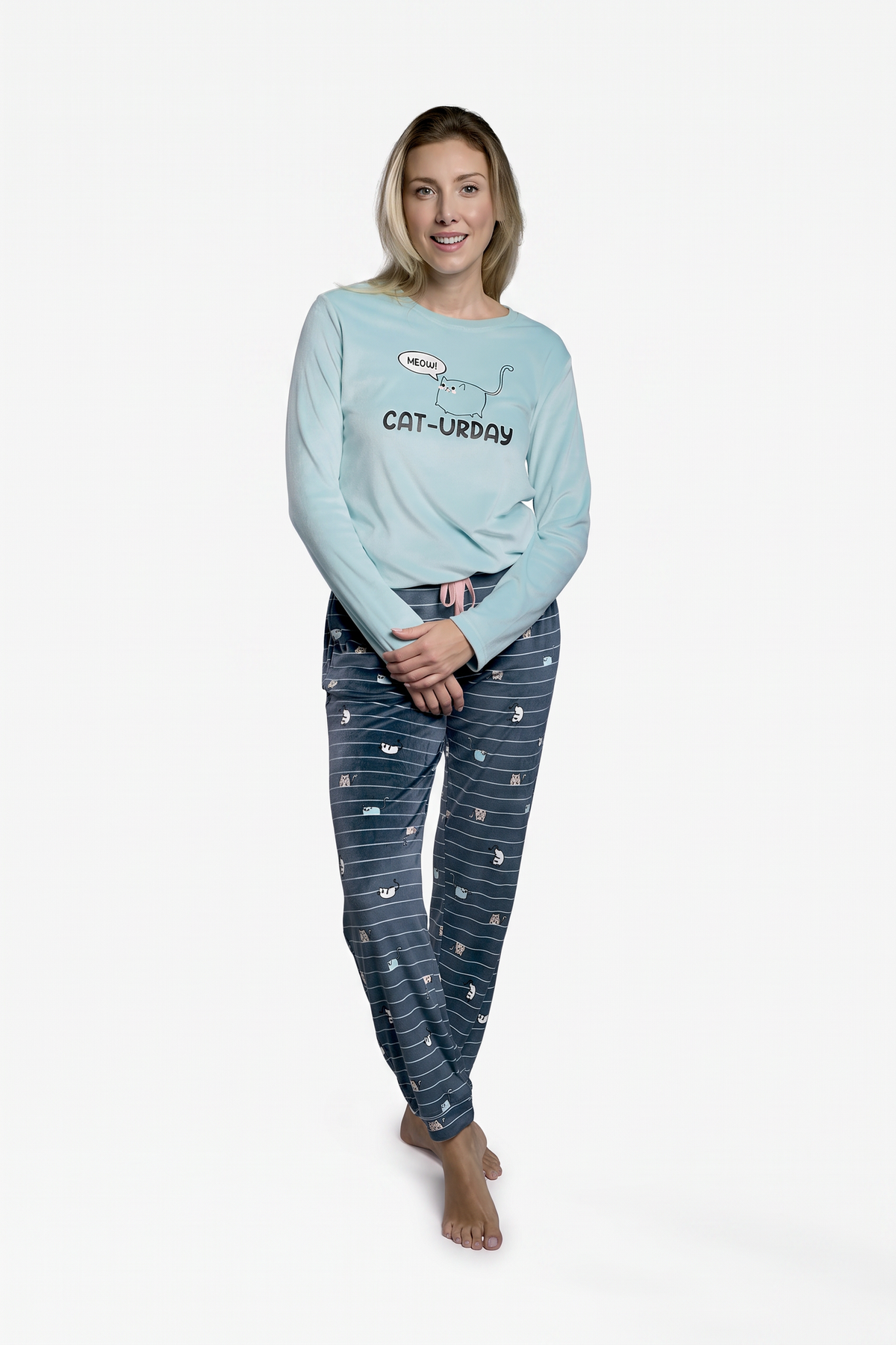 Pyjama long femme velours bleu imprimé chats