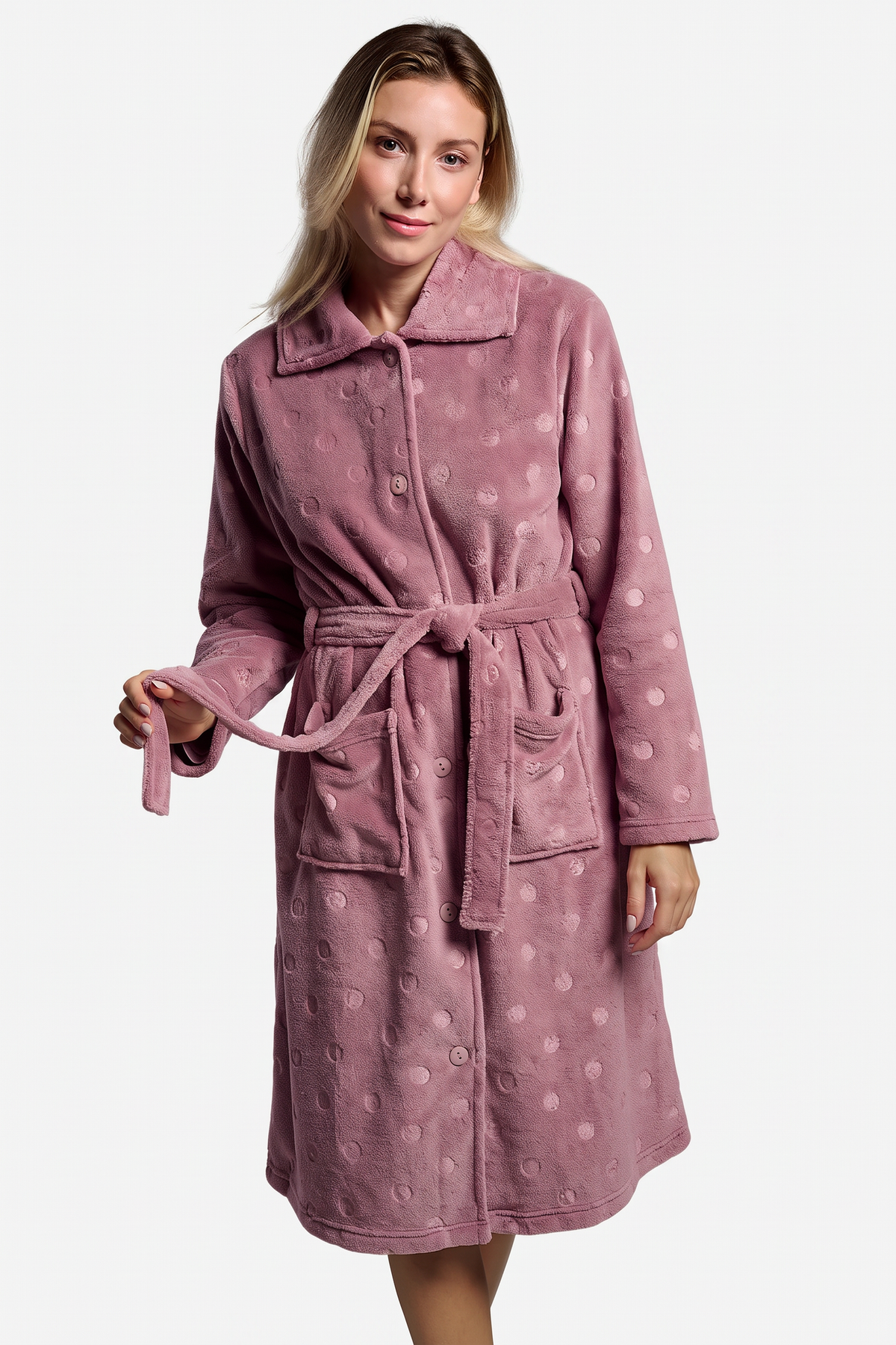 Peignoir midi femme polaire corail rose à pois