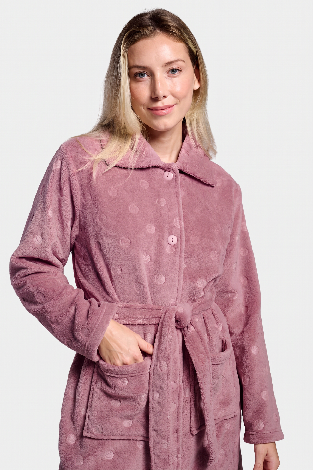 Peignoir midi femme polaire corail rose à pois