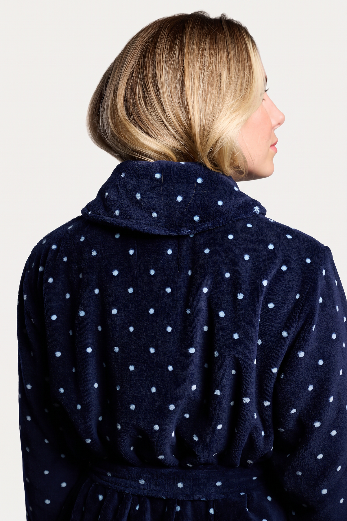 Peignoir midi femme polaire corail bleu marine à pois