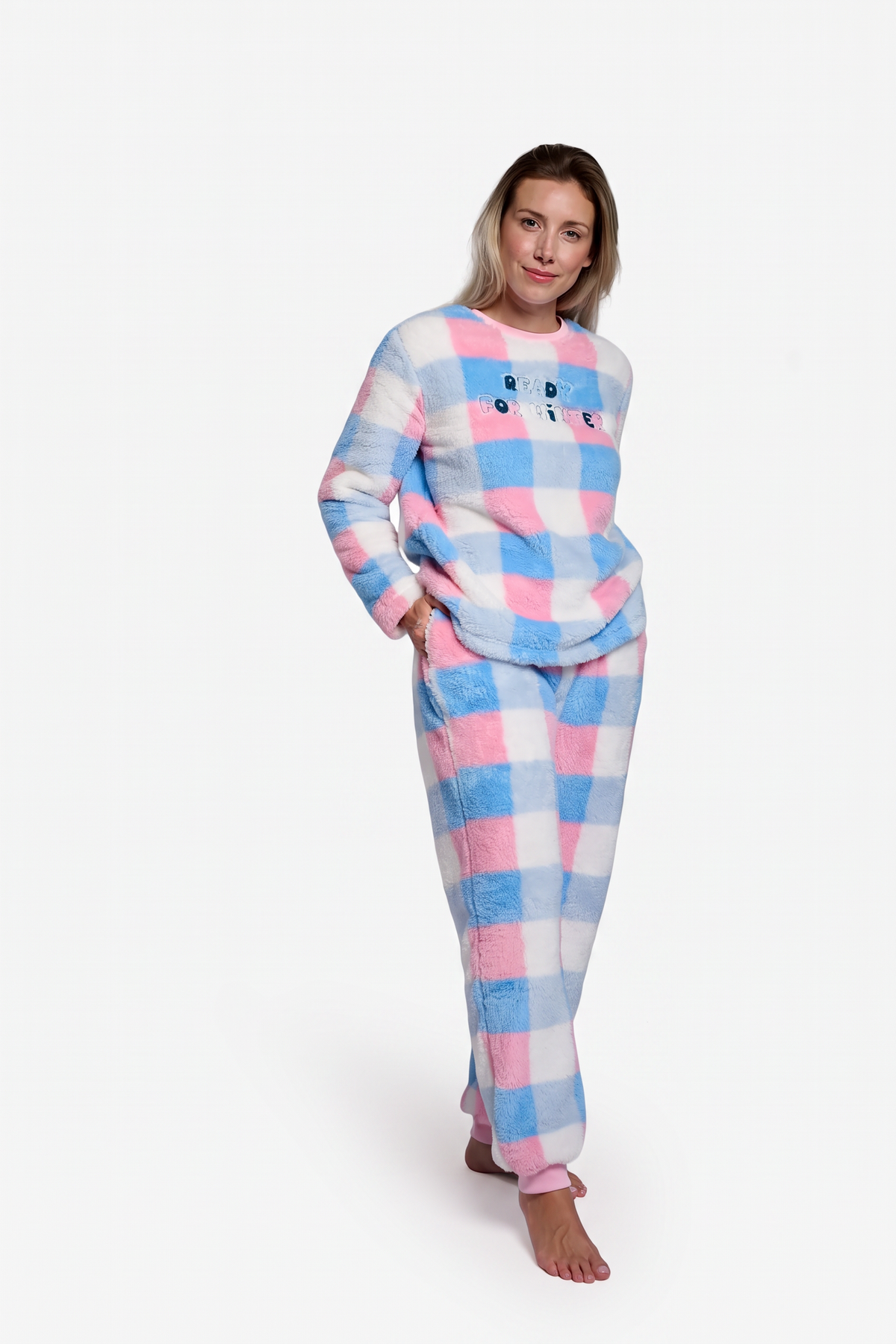 Pyjama long femme polaire sherpa à carreaux