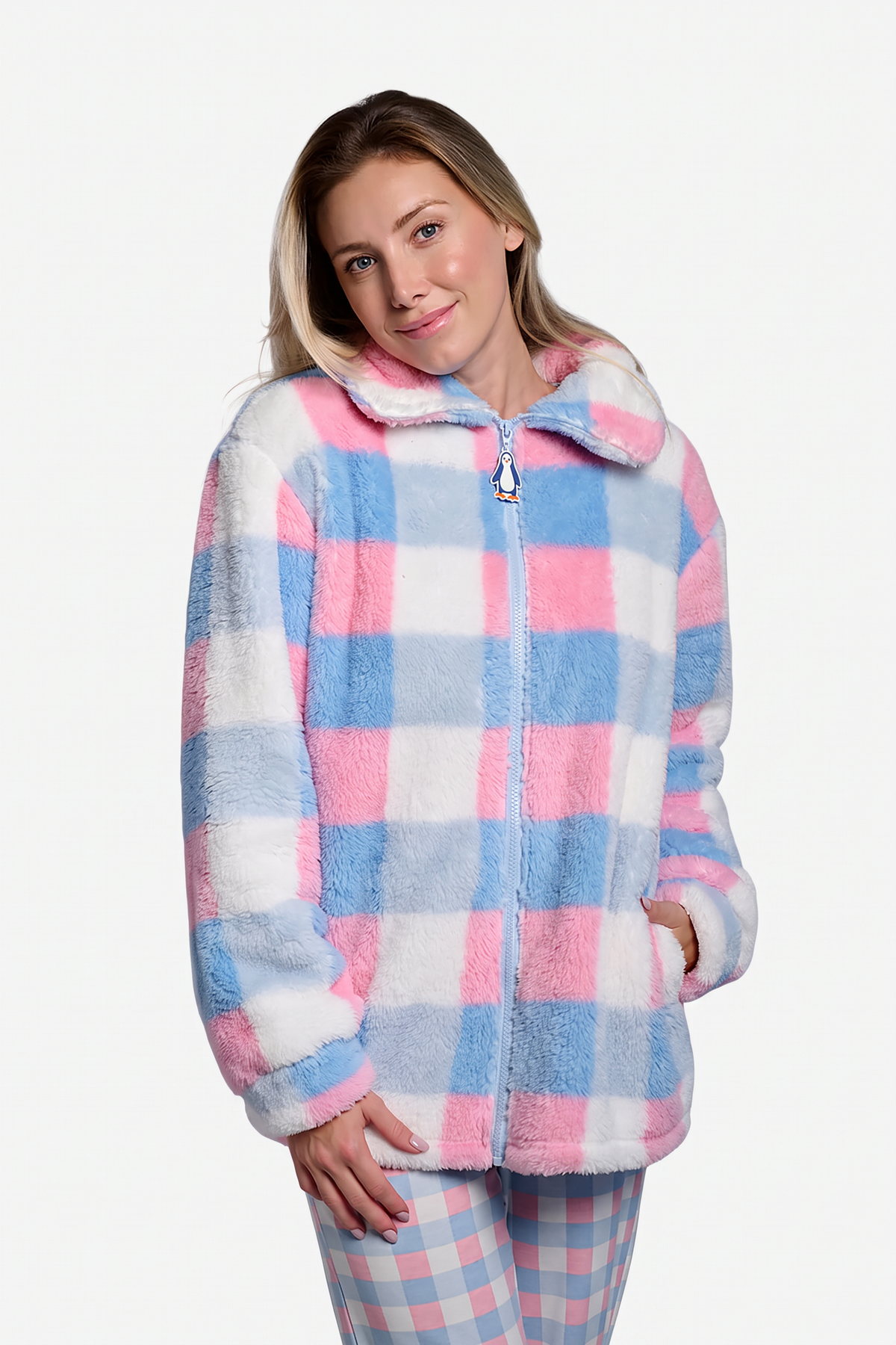 Peignoir court femme polaire sherpa à carreaux avec zip