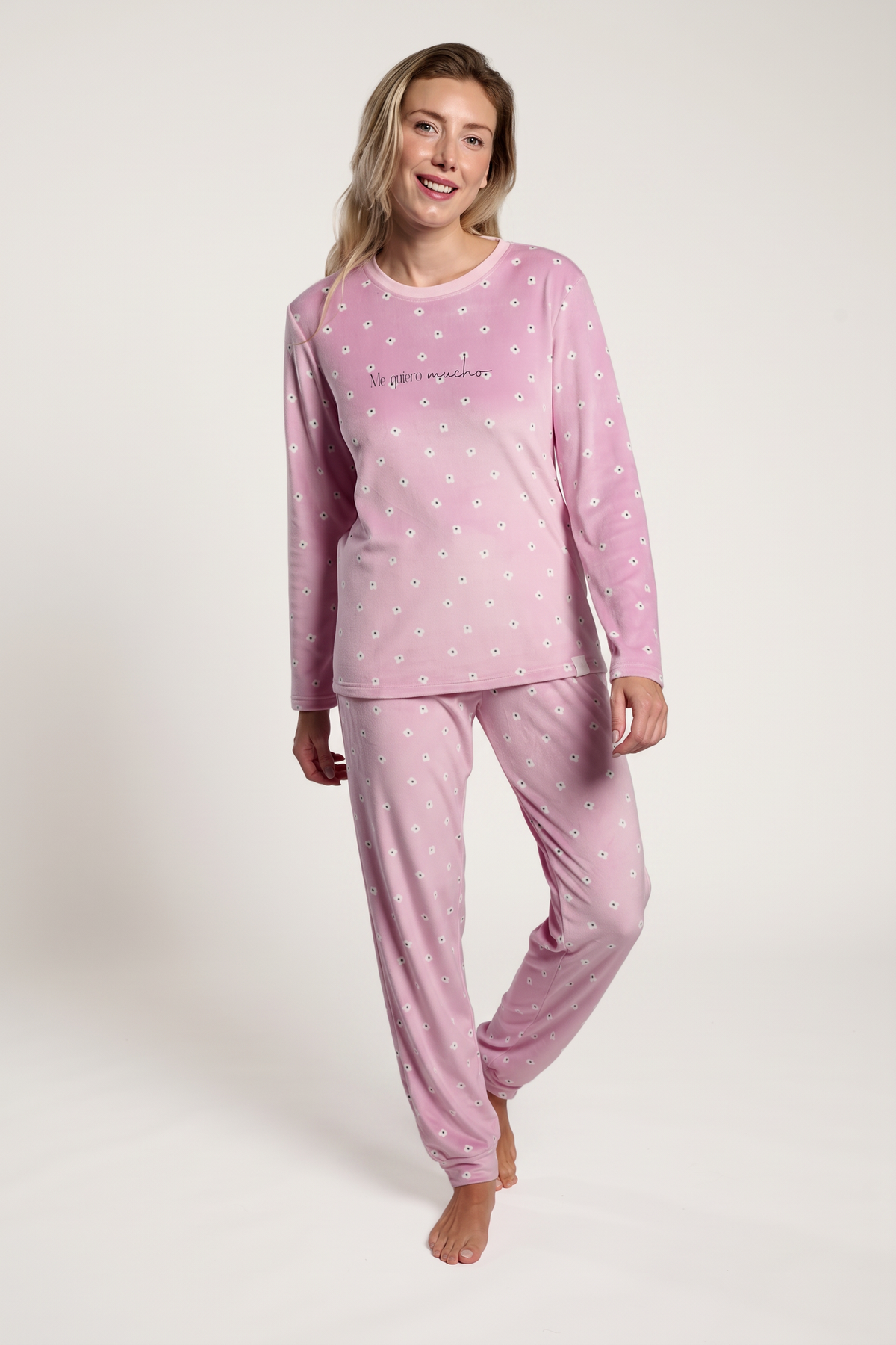 Pyjama long femme velours rose imprimé
