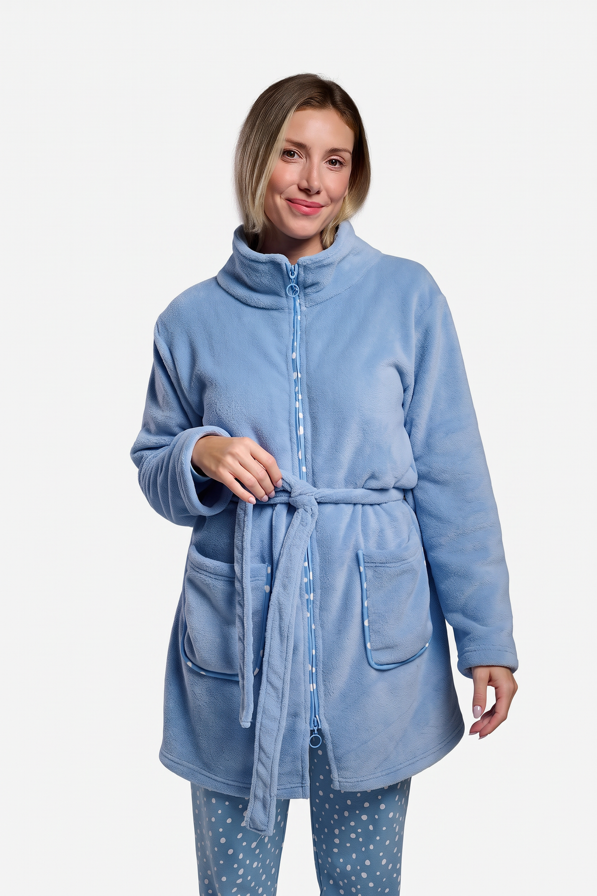 Peignoir court femme polaire corail bleu uni