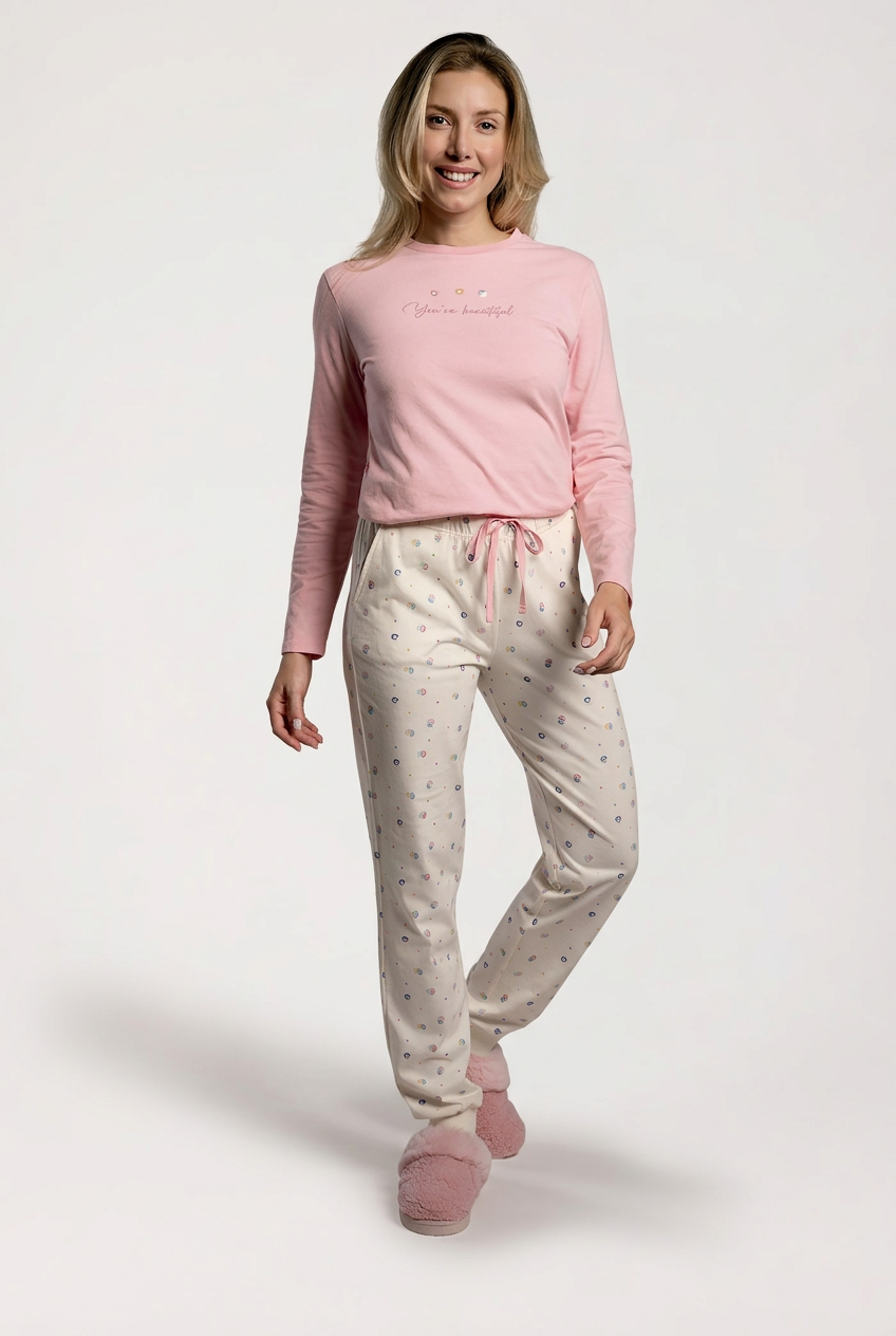 Pyjama long femme coton rose et blanc