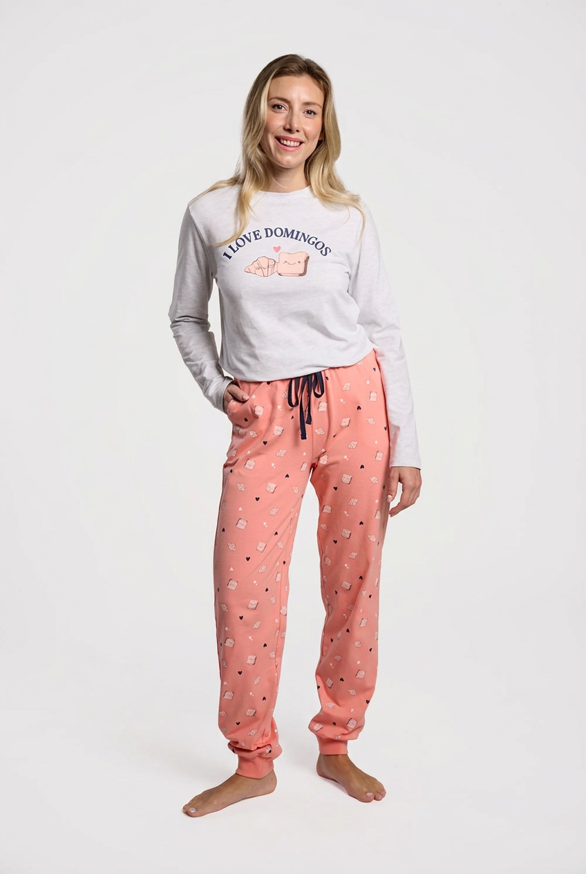 Pyjama long femme coton corail I Love Domingos