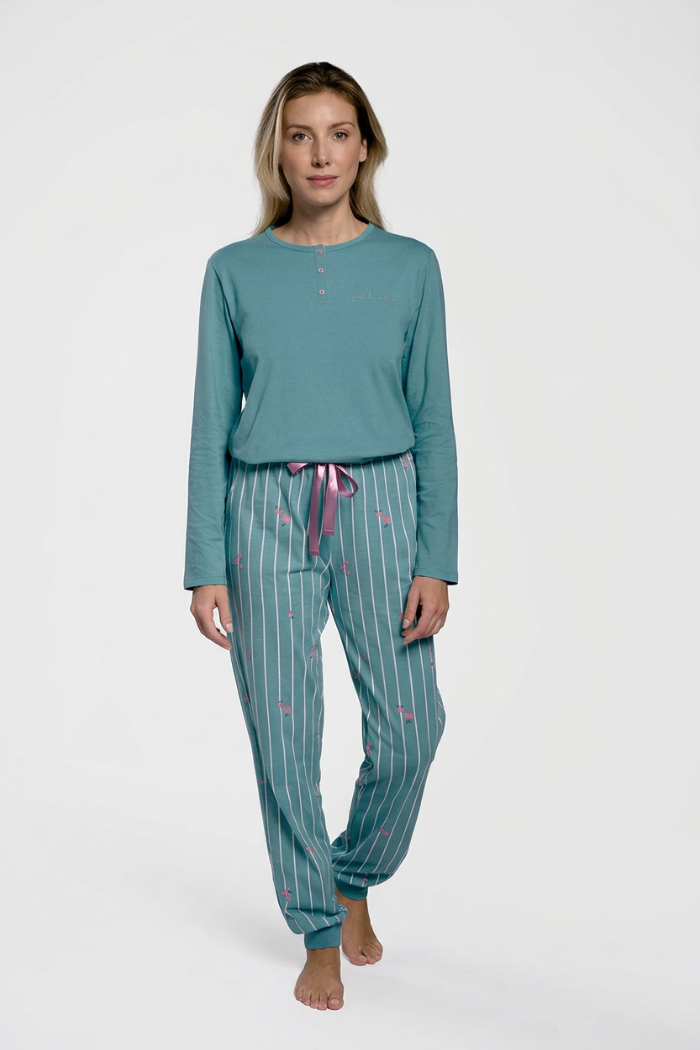 Pyjama long femme coton bleu rayé avec détails