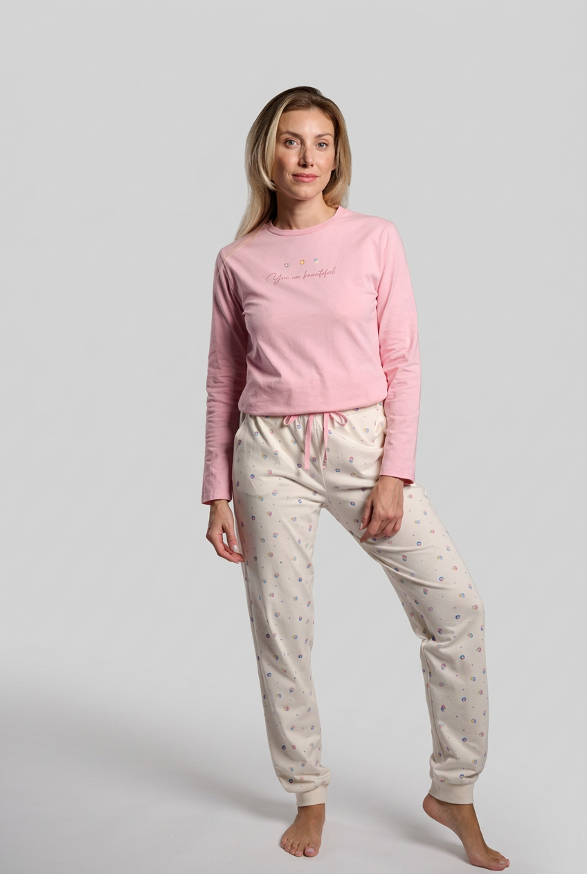 Pyjama long femme coton rose et blanc