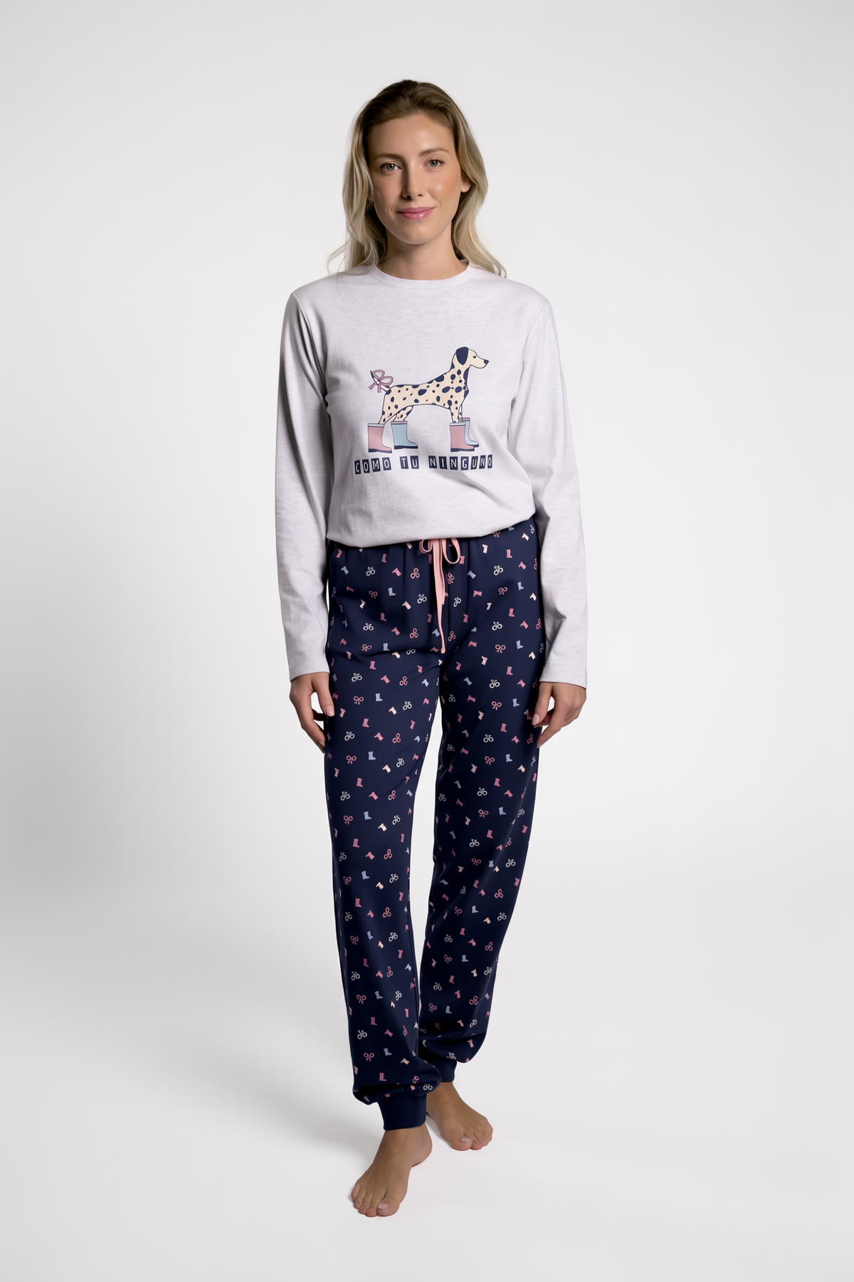 Pyjama long femme coton imprimé marine